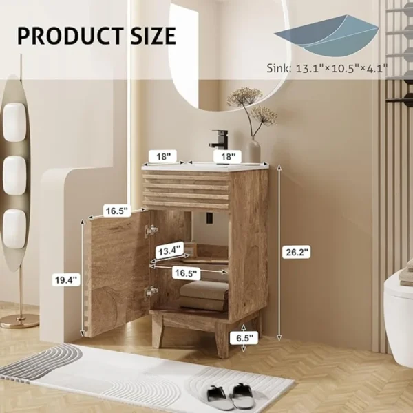 Bathroom Vanity with Sink Combo Mid-Century Floor Cabinet Set with Wood Stripes, Adjustable Shelf, Undermount Sink & Faucet - Image 2