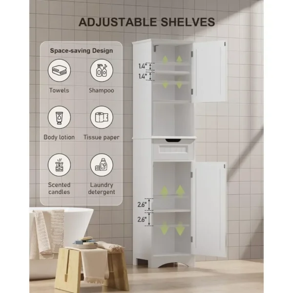 Tall Bathroom Storage Cabinet W/ 2 Doors & 1 Drawer, Adjustable Shelves, Anti-Tipping,White, 67" H Tall Bathroom Storage Cabinet - Image 2