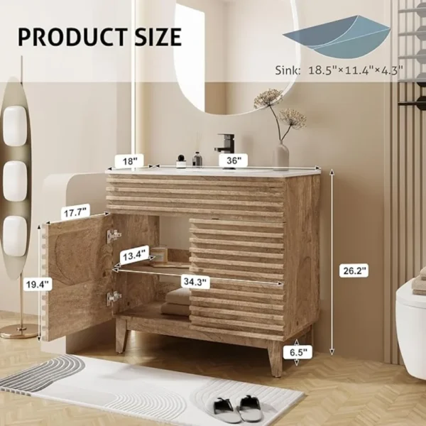Bathroom Vanity with Sink Combo Mid-Century Floor Cabinet Set with Wood Stripes, Adjustable Shelf, Undermount Sink & Faucet - Image 4