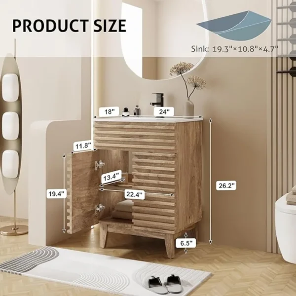 Bathroom Vanity with Sink Combo Mid-Century Floor Cabinet Set with Wood Stripes, Adjustable Shelf, Undermount Sink & Faucet - Image 5