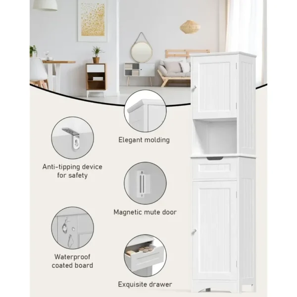 Tall Bathroom Storage Cabinet W/ 2 Doors & 1 Drawer, Adjustable Shelves, Anti-Tipping,White, 67" H Tall Bathroom Storage Cabinet - Image 3