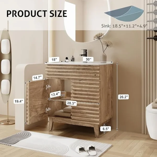 Bathroom Vanity with Sink Combo Mid-Century Floor Cabinet Set with Wood Stripes, Adjustable Shelf, Undermount Sink & Faucet - Image 3