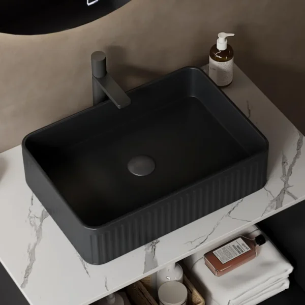 Bathroom Vanity with Vessel Sink & 3 Soft-Closing Doors & Open Shelf, Freestanding Bathroom Cabinet with Ceramic Basin, Black - Image 2