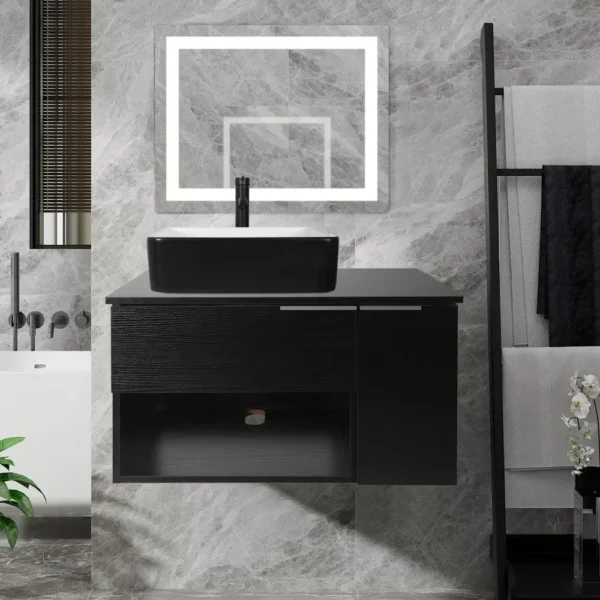 Modern Black Wall Mounted Bathroom Vanity with 1-Door and 1-Drawer, Modern Floating Bathroom Cabinet with