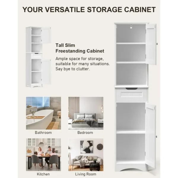Tall Bathroom Storage Cabinet W/ 2 Doors & 1 Drawer, Adjustable Shelves, Anti-Tipping,White, 67" H Tall Bathroom Storage Cabinet - Image 4