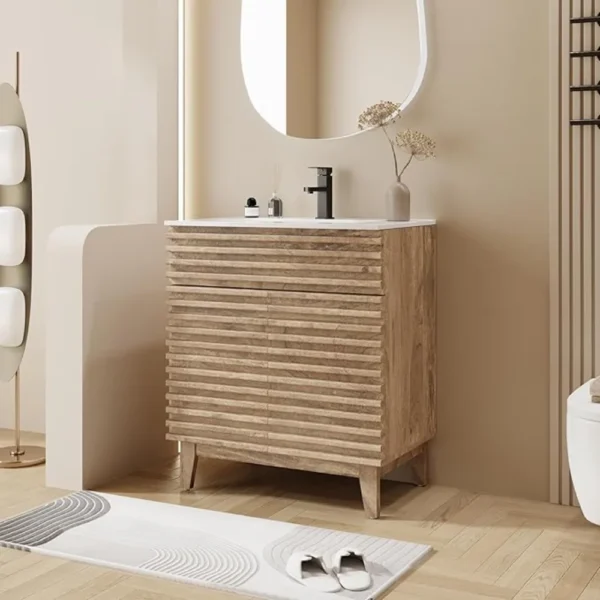 Bathroom Vanity with Sink Combo Mid-Century Floor Cabinet Set with Wood Stripes, Adjustable Shelf, Undermount Sink & Faucet