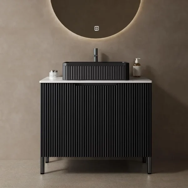 Bathroom Vanity with Vessel Sink & 3 Soft-Closing Doors & Open Shelf, Freestanding Bathroom Cabinet with Ceramic Basin, Black